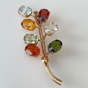Vintage 14k Solid Yellow Gold Multi-Gemstone Floral Plant Brooch Pin